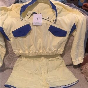 Women's Yellow and Blue Cropped Jacket and Short Set